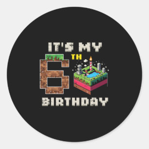 Pegatina Redonda Mi juego de píxeles de cumpleaños número 6 con tar