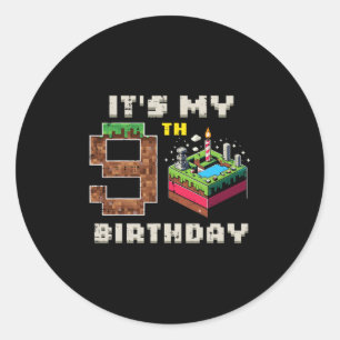 Pegatina Redonda Mi juego de píxeles de cumpleaños número 9 Tarta d