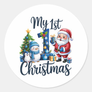 Pegatina Redonda Mi primer 1er Navidad Azul Bebé Niño Xmas Muñeco d
