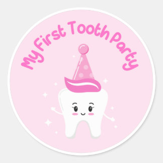 Pegatina Redonda Mi primer Fiesta dental rosado