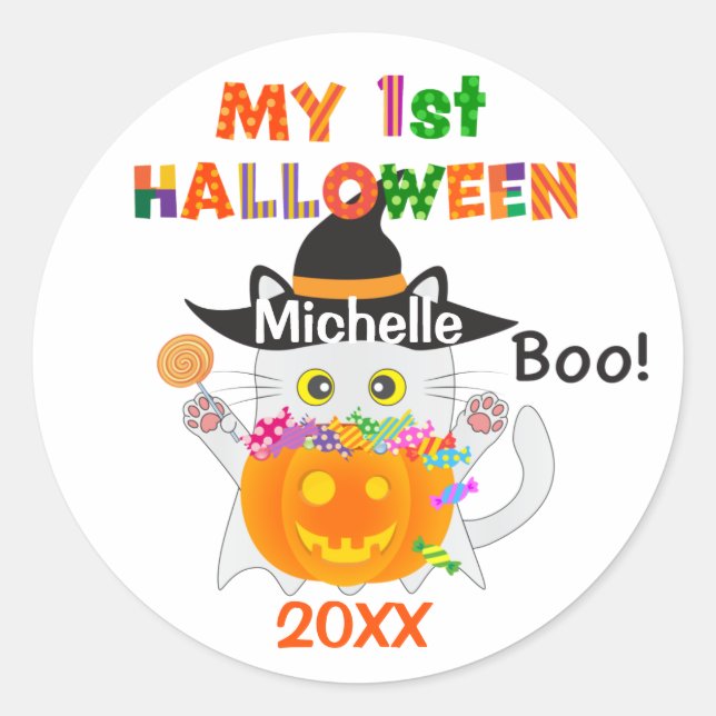 Pegatina Redonda Mi primer gato fantasma de Halloween (Anverso)