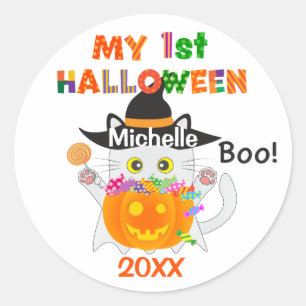 Pegatina Redonda Mi primer gato fantasma de Halloween