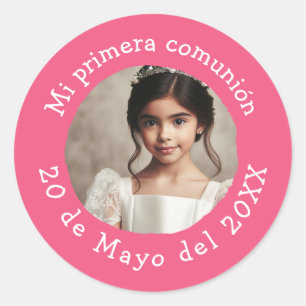 Pegatina Redonda Mi primera comunión con foto personalizada