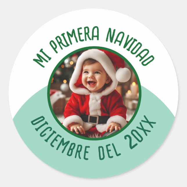 Pegatina Redonda Mi Primera Navidad con foto y año (Anverso)