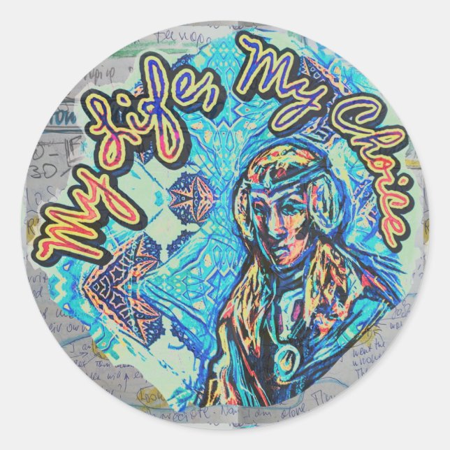 Pegatina Redonda Mi Vida, Mi Elección. Mujer Princesa y fractal (Anverso)