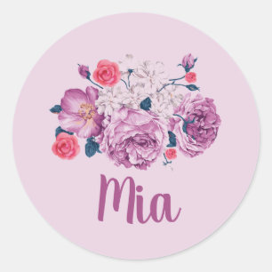 Pegatina Redonda Mia Nombre Personalizado Floral Vintage Flower Gir