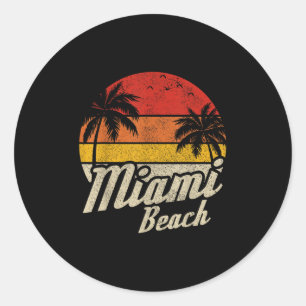 Pegatina Redonda Miami Beach Florida Fl Vintage Sunset Retro Vacati