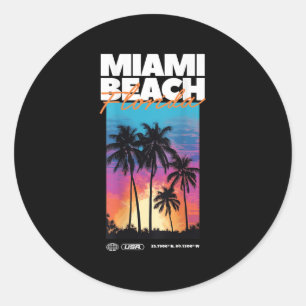 Pegatina Redonda Miami Beach Florida Summer Palm Vacation Usa