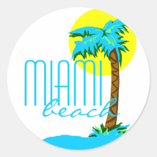 Pegatina Redonda Miami Beach-Palm Tree