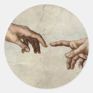 Pegatina Redonda Michaelangelo manos creación adam dios