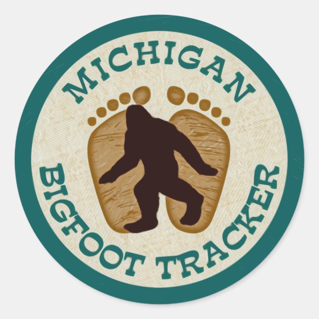 Pegatina Redonda Michigan Bigfoot Tracker (Anverso)