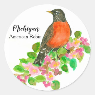 Pegatina Redonda Michigan Bird American Robin Blossoms