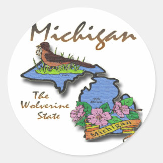 Pegatina Redonda Michigan El Robin Del Estado Wolverine