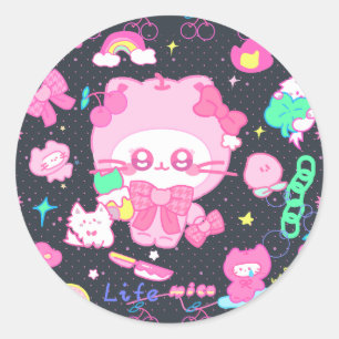 Pegatina Redonda Mico's Berry Realm: Playful Pink Cat IP con límite
