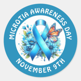 Pegatina Redonda Microtia Blue Awareness Day Ribbon and Butterfly