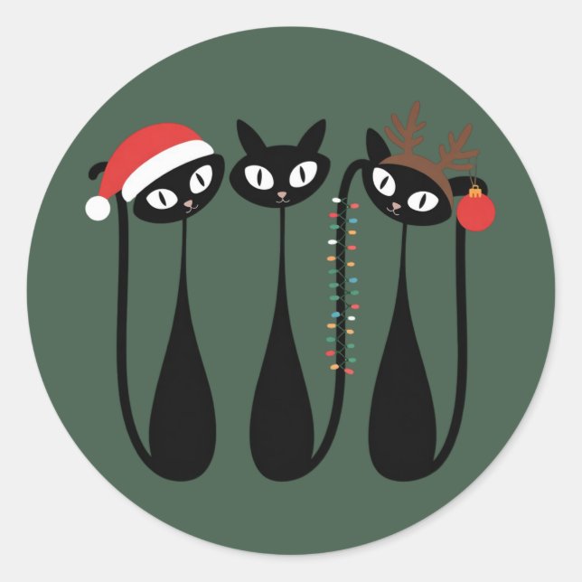 Pegatina Redonda Mid Century Modern Christmas Cats Retro Classic (Anverso)