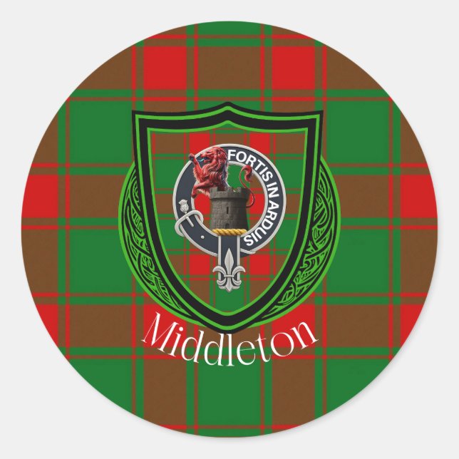 Pegatina Redonda Middleton Scottish Clan Tartan & Crest (Anverso)
