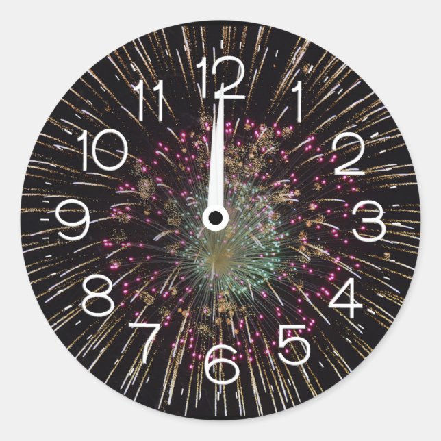 Pegatina Redonda Midnight New Years Eve Clock On Fireworks  (Anverso)