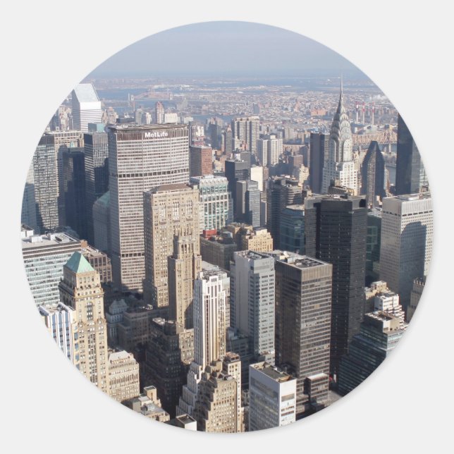 Pegatina Redonda Midtown, Nueva York, Estados Unidos. (Anverso)