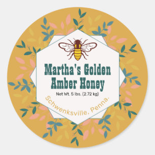 Pegatina Redonda Miel Abeja Leña Luz Amber Oro Jar