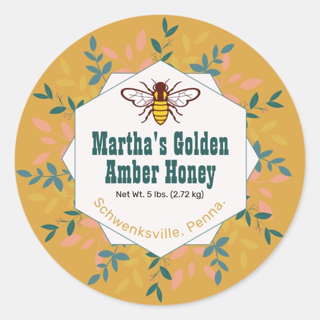 Pegatina Redonda Miel Abeja Leña Luz Amber Oro Jar (Anverso)