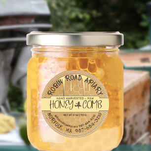 Pegatina Redonda Miel con gotas de miel de peine y peine de abeja e