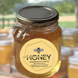 Pegatina Redonda Miel cruda de abeja moderna 3D Hexágono y estiliza