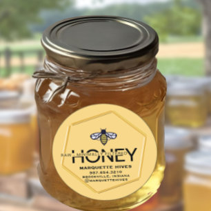 Pegatina Redonda Miel cruda de abeja moderna 3D Hexágono y estiliza