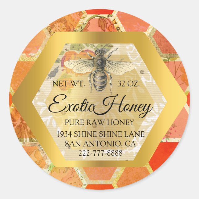 Pegatina Redonda Miel cruda Jar Honeybeb Honeycomb Apiary Gold Cora (Anverso)