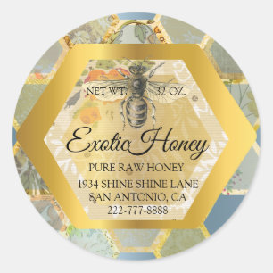 Pegatina Redonda Miel cruda Jar Honeybee Honeycomb Apia Azul