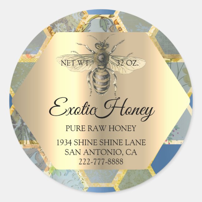 Pegatina Redonda Miel cruda Jar Honeybee Honeycomb Apia Azul (Anverso)