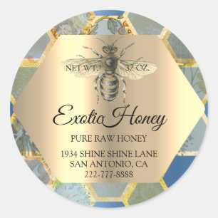 Pegatina Redonda Miel cruda Jar Honeybee Honeycomb Apia Azul