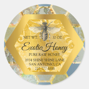 Pegatina Redonda Miel cruda Jar Honeybee Honeycomb Apia Verde azula