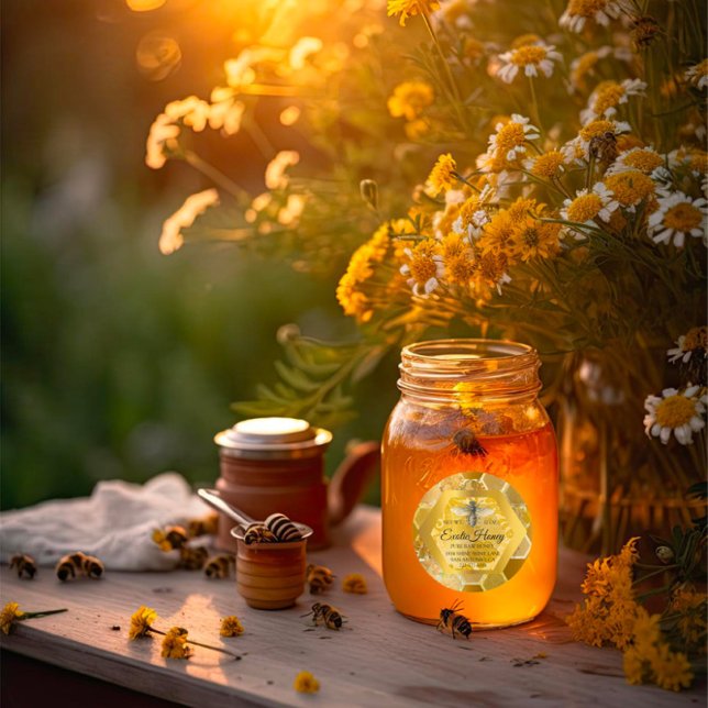 Pegatina Redonda Miel cruda Jar Honeybee Honeycomb Apiary Golden (Raw Honey Jar Honeybee Honeycomb Bee Apiary Golden Classic Round Sticker)
