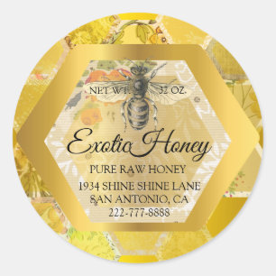 Pegatina Redonda Miel cruda Jar Honeybee Honeycomb Apiary Golden