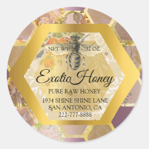 Pegatina Redonda Miel cruda Jar Honeybee Honeycomb Apiary Goldy