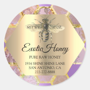 Pegatina Redonda Miel cruda Jar Honeybee Honeycomb Apiary Púrpura