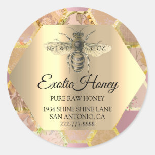 Pegatina Redonda Miel cruda Jar Honeybee Honeycomb Apiary Rosa