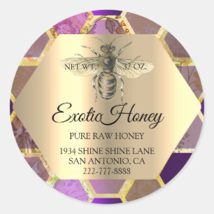 Pegatina Redonda Miel cruda Jar Honeybee Honeycomb Apiary Violet