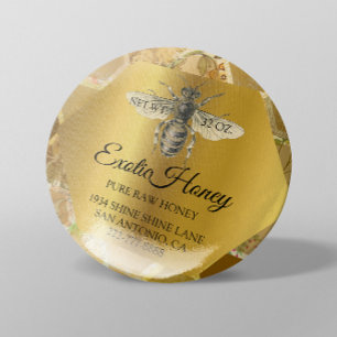 Pegatina Redonda Miel cruda Jar Honeybee Honeycomb Oro Apiario