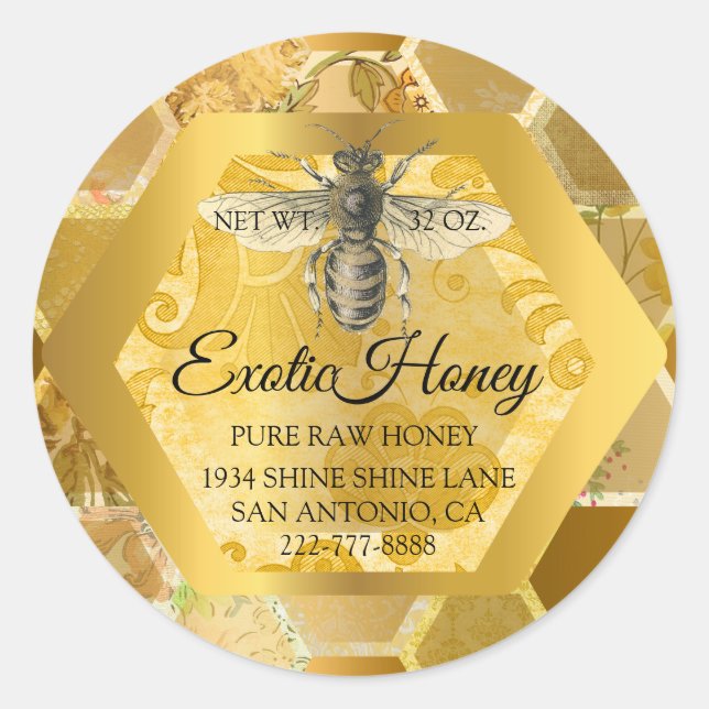 Pegatina Redonda Miel cruda Jar Honeybee Honeycomb Oro Apiario (Anverso)