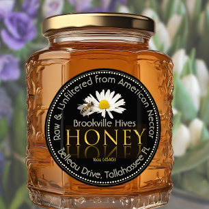 Pegatina Redonda Miel cruda sin filtrar Oro Negro con Flor y Abeja