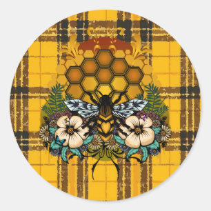 Pegatina Redonda Miel de abeja reina panal floral cuadros marrones 