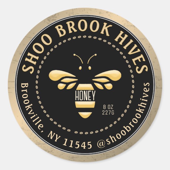 Pegatina Redonda Miel de cobre y abeja de miel moderna y negra (Anverso)