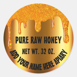 Pegatina Redonda Miel Jar Honeybee Honeycomb. Oro en las gotas de o