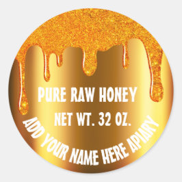 Pegatina Redonda Miel Jar Honeybee Honeycomb. Oro en las gotas de o
