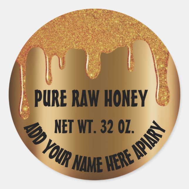 Pegatina Redonda Miel Jar Honeybee Honeycomb. Rosa de las gotas aér (Anverso)