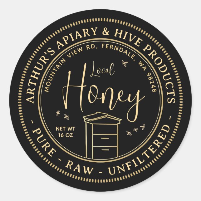 Pegatina Redonda Miel local con colmena y abejas crudas sin filtro (Anverso)