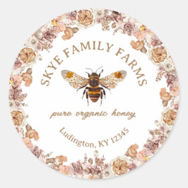 Pegatina Redonda Miel Orgánica Floral Acuarela Abeja