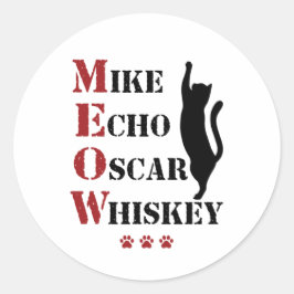 Pegatina Redonda Mike Echo Oscar Whiskey MEOW Cat